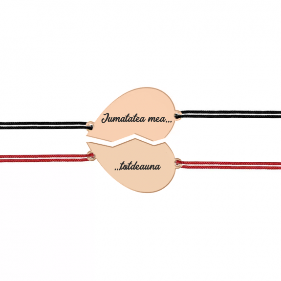 Set bratari argint cuplu inimioare 16 mm si snur negru (M) si rosu (F) (2 bucati incluse) - personalizate cu text - placate cu aur roz